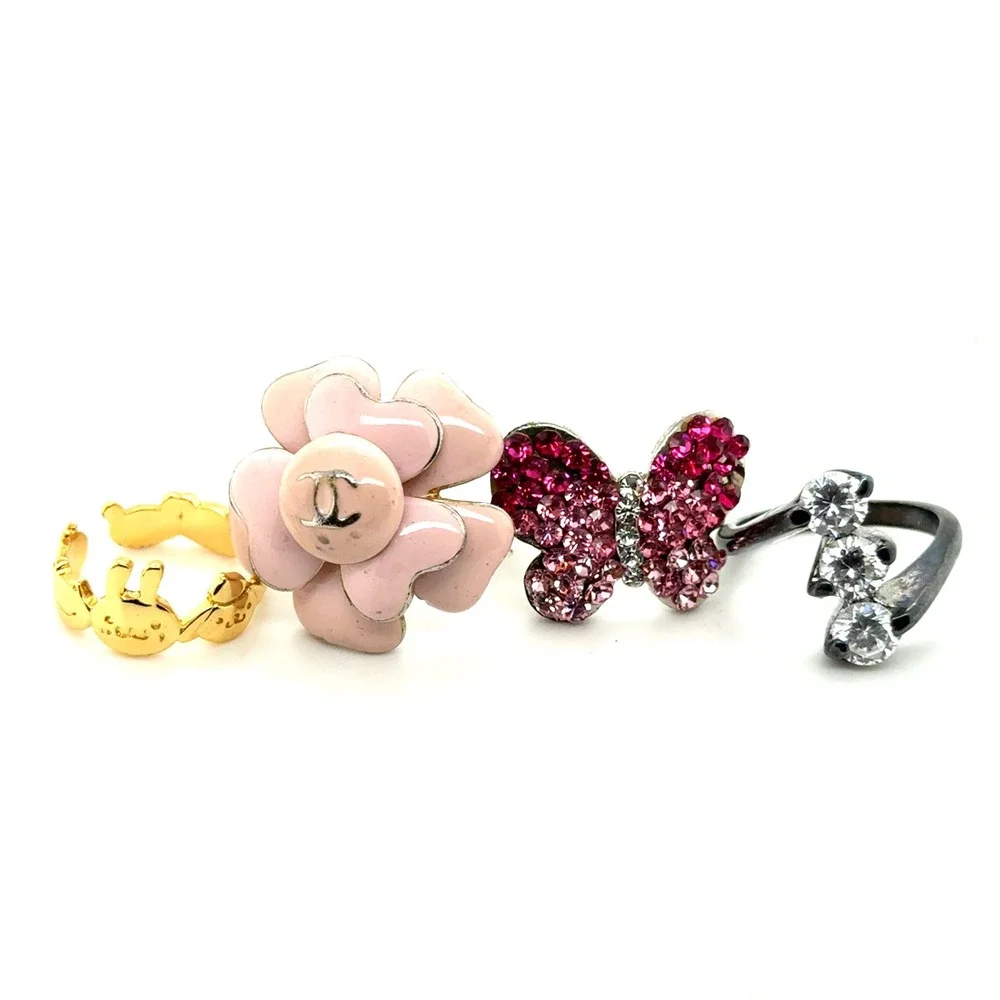 Fashion Ring Set 4pc Pink Camellia Butterfly Gold Character Crystal Bypass Rings